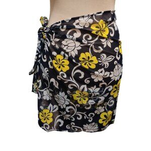 St John's Bay One Size Womens Black Yellow Sarong Floral Vintage Cover Up Skirt